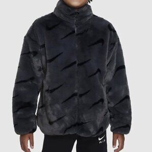 Nike Youth Girls Faux Fur Grey and Black Sherpa Soft Zip Up Jacket Size Large